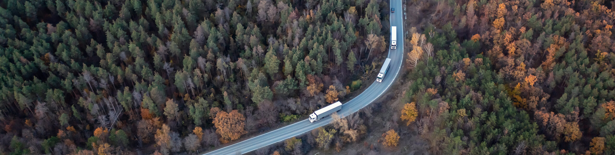 Aerial view above a colorful autumn forest with a curved country road with large trucks